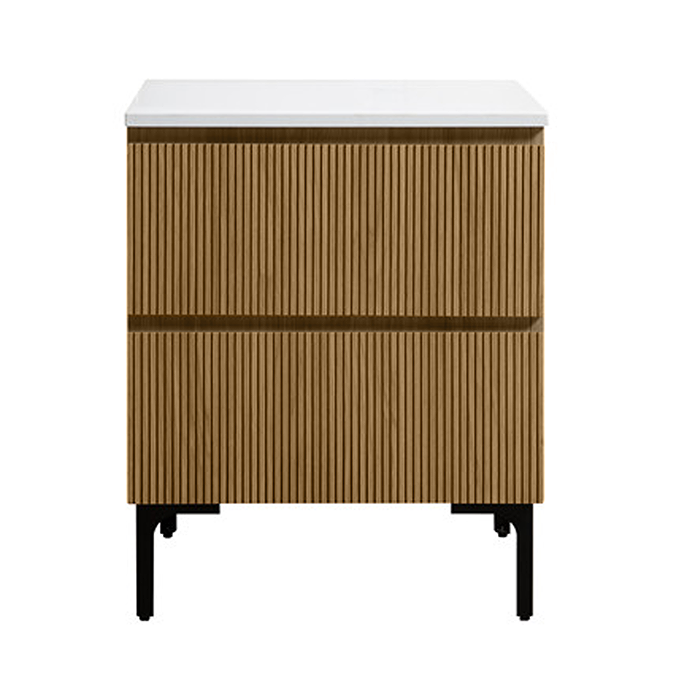 Osaka Slatted Oak 600mm 2-Drawer Vanity Unit with White Stone Worktop and Square Basin - Image 5