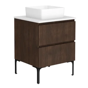 Osaka Slatted Dark Oak 600mm 2-Drawer Vanity Unit with White Stone Worktop and Square Basin
