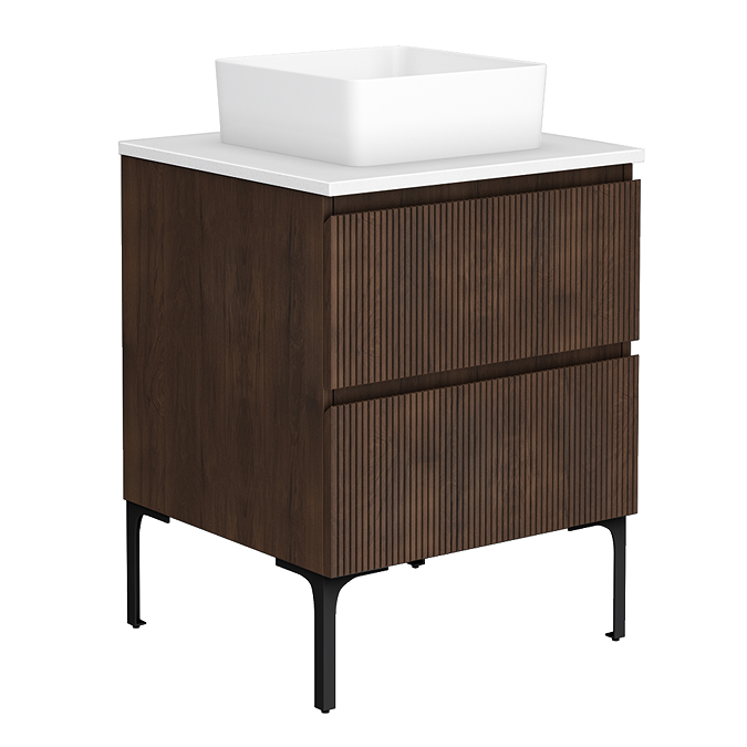 Osaka Slatted Dark Oak 600mm 2-Drawer Vanity Unit with White Stone Worktop and Square Basin