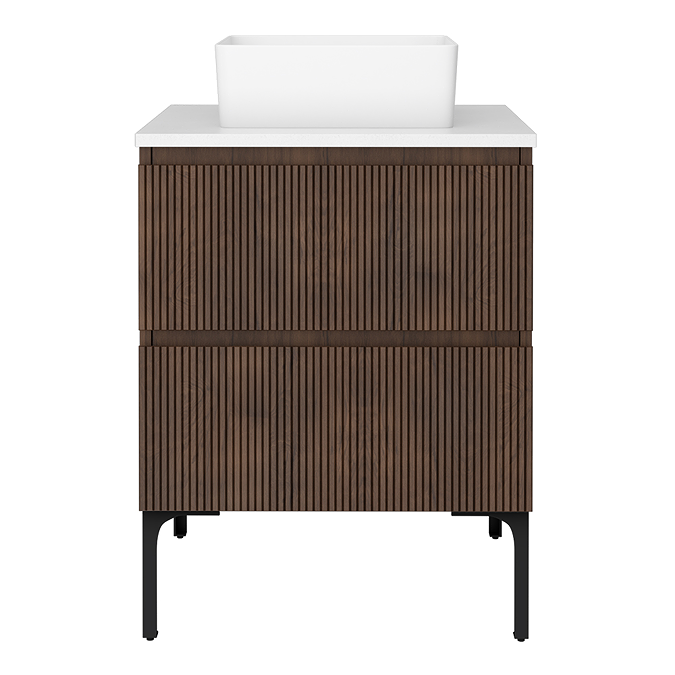 Osaka Slatted Dark Oak 600mm 2-Drawer Vanity Unit with White Stone Worktop and Square Basin - Image 2