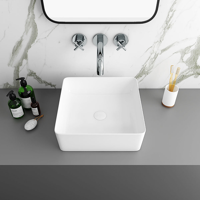 Osaka Slatted Dark Oak 600mm 2-Drawer Vanity Unit with White Stone Worktop and Square Basin - Image 3