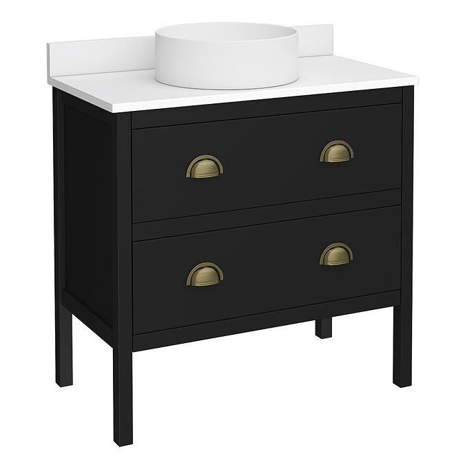 Alchemy 810mm Matt Black Vanity Unit with White Granite Worktop, Antique Brass Handles & Round Countertop Basin