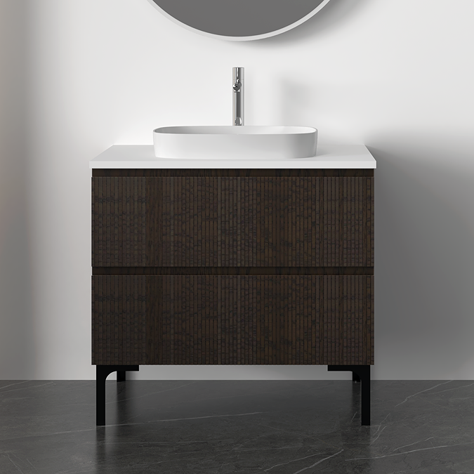 Osaka Slatted Dark Oak 800mm 2-Drawer Countertop Vanity Unit with White Stone Worktop - Image 2