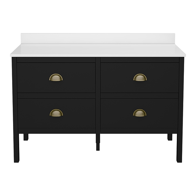 Alchemy 1210mm Floor Standing Vanity Unit - Matt Black with White Granite Worktop & Antique Brass Handles - Image 2
