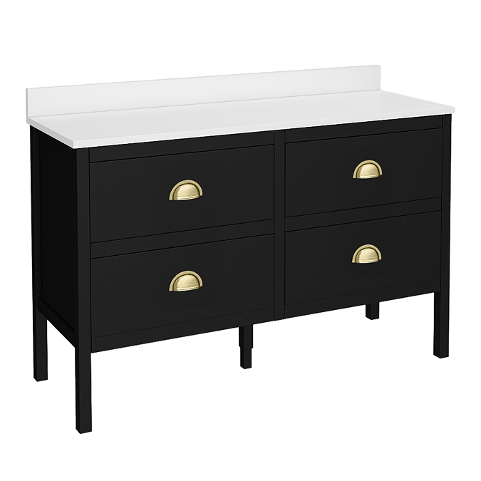 Alchemy 1210mm Floor Standing Vanity Unit - Matt Black with White Granite Worktop & Brushed Brass Handles - Image 2