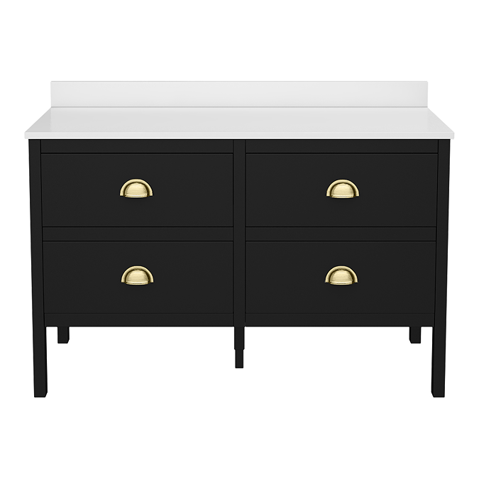 Alchemy 1210mm Floor Standing Vanity Unit - Matt Black with White Granite Worktop & Brushed Brass Handles - Image 3