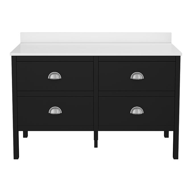 Alchemy 1210mm Floor Standing Vanity Unit - Matt Black with White Granite Worktop & Chrome Handles - Image 2