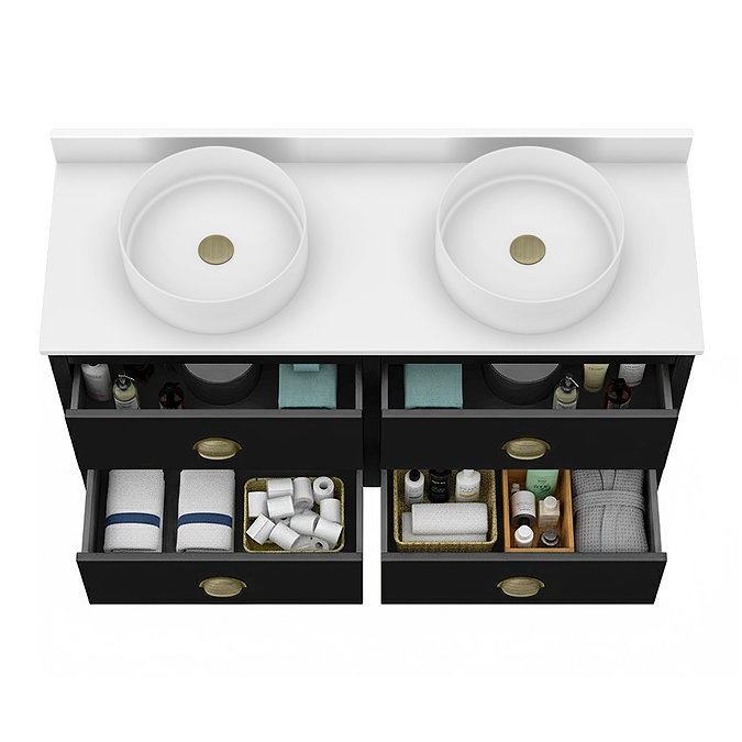 Alchemy 1210mm Matt Black Vanity Unit with White Granite Worktop, Antique Brass Handles & 2 Round Basins - Image 4