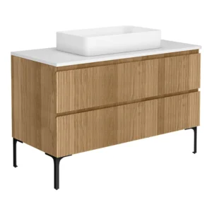Osaka Slatted Oak 1200mm 2-Drawer Vanity Unit with White Stone Worktop & Rectangular Basin