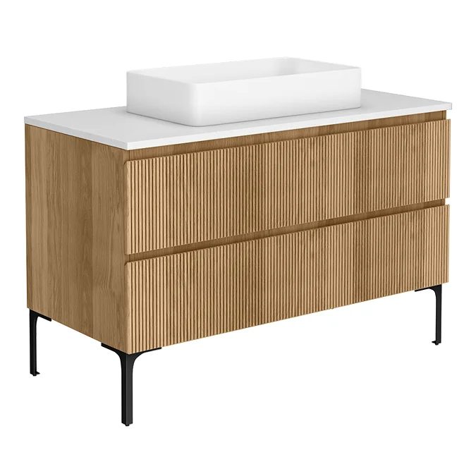 Osaka Slatted Oak 1200mm 2-Drawer Vanity Unit with White Stone Worktop & Rectangular Basin