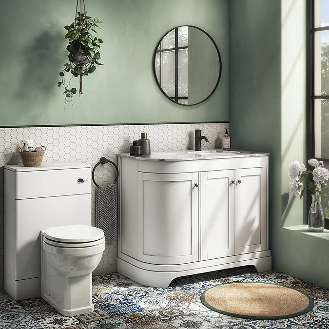 Period Bathroom Co. 920mm RH Offset Vanity Unit with White Marble Basin Top - White - Image 2