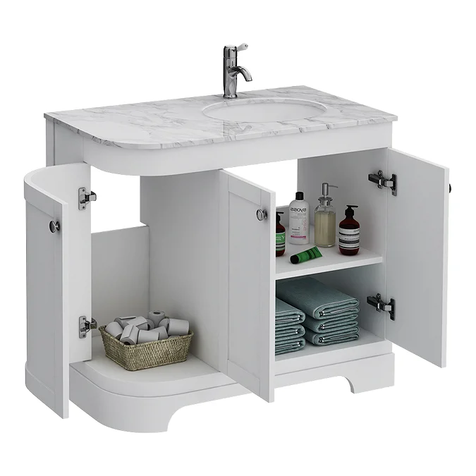 Period Bathroom Co. 920mm RH Offset Vanity Unit with White Marble Basin Top - White - Image 3
