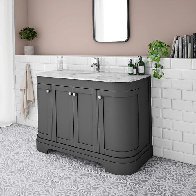 Period Bathroom Co. 1220mm Curved Vanity Unit with White Marble Basin Top - Dark Grey - Image 2