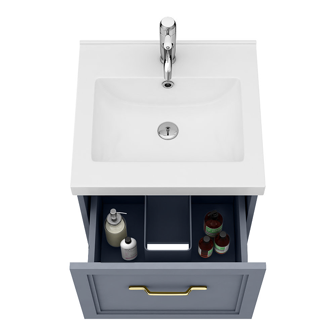Trafalgar Wall Hung Vanity - Matt Grey - 500mm 1 Drawer with Brushed Brass Handle - Image 3