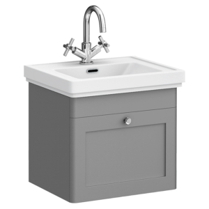 Roxbury Traditional 500mm Satin Grey Vanity Unit - Wall Hung Single Drawer Unit with Chrome Handle 1 Tap Hole