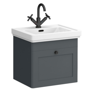 Roxbury Traditional 500mm Satin Anthracite Vanity Unit - Wall Hung Single Drawer Unit with Matt Black Handle 1 Tap Hole