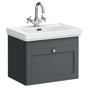 Roxbury Traditional 600mm Satin Anthracite Vanity Unit - Wall Hung Single Drawer Unit with Chrome Handle 1 Tap Hole