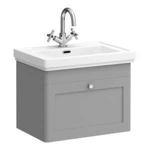 Roxbury Traditional 600mm Satin Grey Vanity Unit - Wall Hung Single Drawer Unit with Chrome Handle 0 Tap Hole