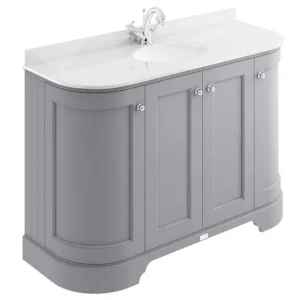 Bayswater Plummett Grey Curved 1200mm 4-Door Vanity Unit & 1TH White Marble Single Bowl Basin Top