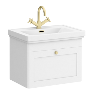 Roxbury Traditional 600mm Satin White Vanity Unit - Wall Hung Single Drawer Unit with Brushed Brass Handle 1 Tap Hole