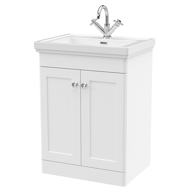Roxbury Traditional 600mm Satin White Vanity Unit - Floor Standing 2 Door Unit with Chrome Handles 1 Tap Hole - Image 5