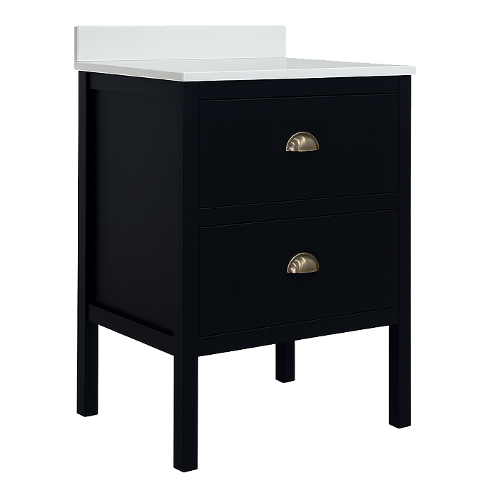 Alchemy 610mm Floor Standing Vanity Unit - Matt Black with White Granite Worktop & Antique Brass Handles - Image 6