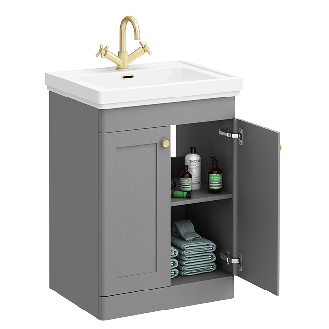 Roxbury Traditional 600mm Satin Grey Vanity Unit - Floor Standing 2 Door Unit with Brushed Brass Handles 1 Tap Hole - Image 3