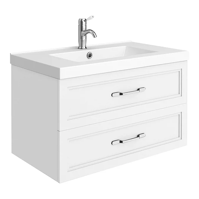Trafalgar Wall Hung Vanity - Matt White - 800mm 2 Drawer with Chrome Handles