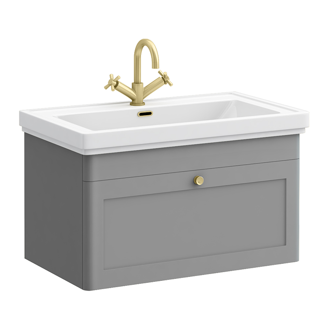 Roxbury Traditional 800mm Satin Grey Vanity Unit - Wall Hung Single Drawer Unit with Brushed Brass Handle 1 Tap Hole