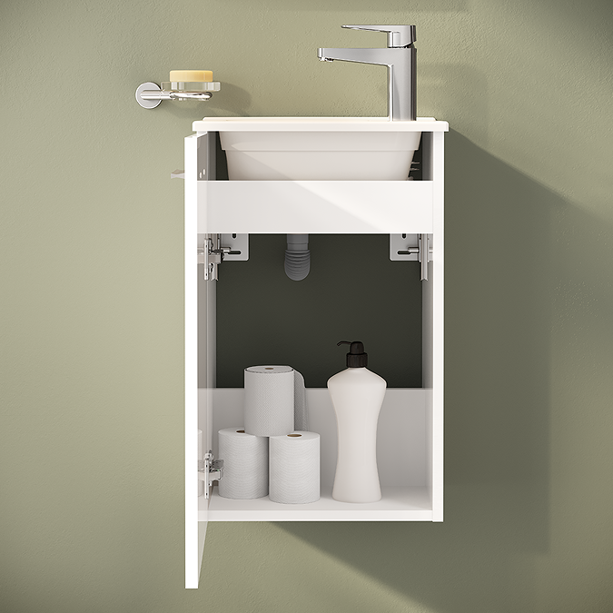 VitrA Evi Gloss White 400mm Compact Wall Hung 1-Door Vanity Unit - Image 6