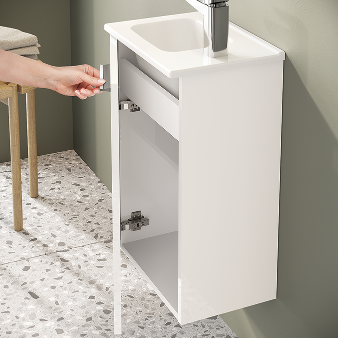 VitrA Evi Gloss White 400mm Compact Wall Hung 1-Door Vanity Unit - Image 7