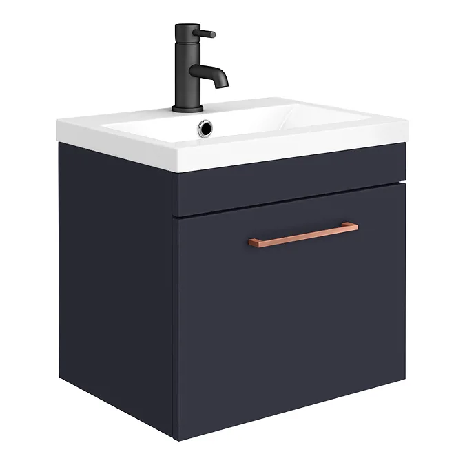 Arezzo 500 Matt Blue Wall Hung 1-Drawer Vanity Unit with Rose Gold Handle