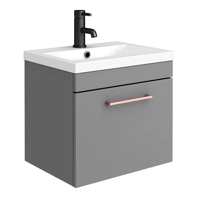 Arezzo 500 Matt Grey Wall Hung 1-Drawer Vanity Unit with Rose Gold Handle