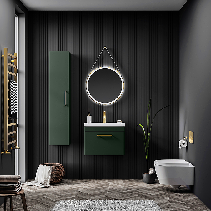 Arezzo 500 Matt Dark Green Wall Hung 1-Drawer Vanity Unit with Brushed Brass Handle - Image 2
