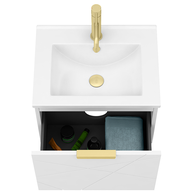 Voyage Wall Hung Vanity - 500mm Arctic White with Brushed Brass Handle - Image 2