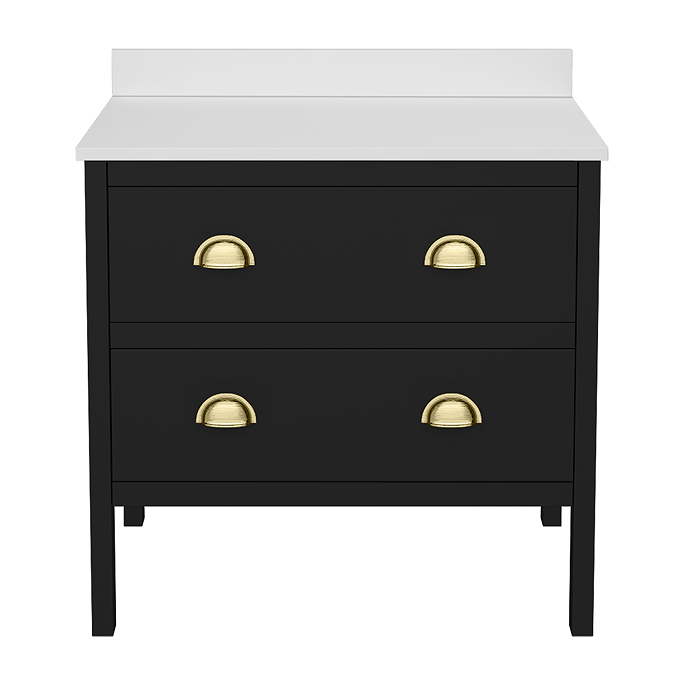 Alchemy 810mm Floor Standing Vanity Unit - Matt Black with White Granite Worktop & Brushed Brass Handles - Image 2