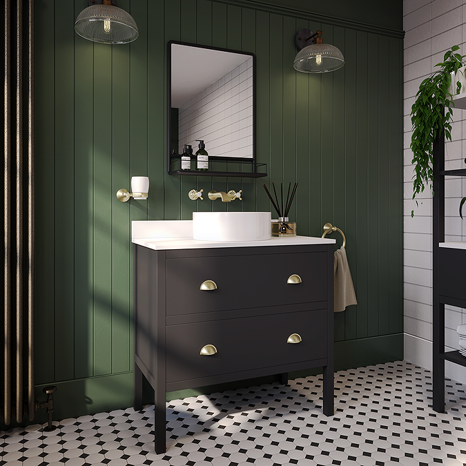 Alchemy 810mm Floor Standing Vanity Unit - Matt Black with White Granite Worktop & Brushed Brass Handles - Image 3