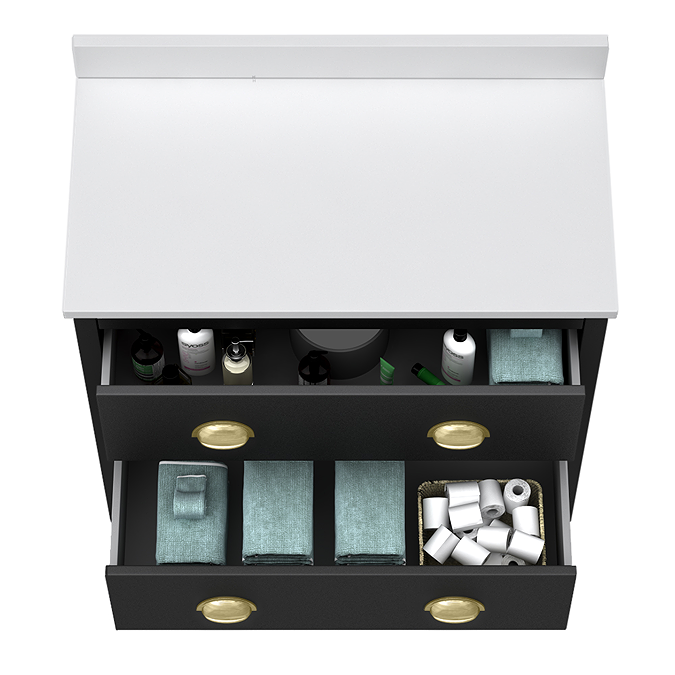 Alchemy 810mm Floor Standing Vanity Unit - Matt Black with White Granite Worktop & Brushed Brass Handles - Image 4