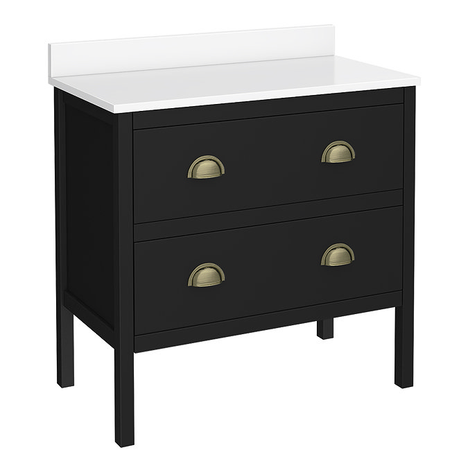 Alchemy 810mm Floor Standing Vanity Unit - Matt Black with White Granite Worktop & Antique Brass Handles