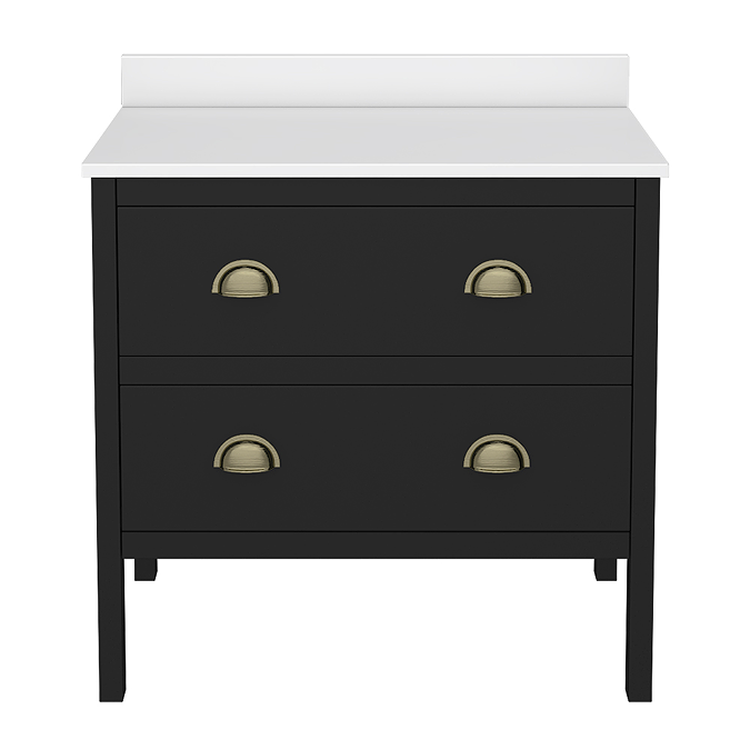 Alchemy 810mm Floor Standing Vanity Unit - Matt Black with White Granite Worktop & Antique Brass Handles - Image 2