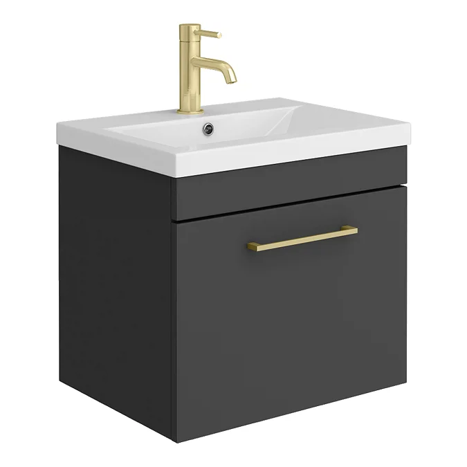 Arezzo 500 Matt Black Wall Hung 1-Drawer Vanity Unit with Brushed Brass Handle