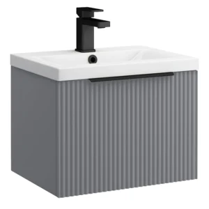 Venice Fluted 500mm Grey Vanity Unit - Wall Hung Single Drawer Unit with Matt Black Handle