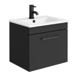 Arezzo 500 Matt Black Wall Hung 1-Drawer Vanity Unit with White Slimline Basin + Matt Black Handle