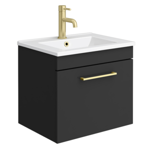 Arezzo 500 Matt Black Wall Hung 1-Drawer Vanity Unit with Gloss White Slimline Basin + Brushed Brass Handle