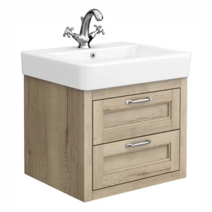 Chatsworth 560mm Wall Hung Vanity Unit - Natural Oak, 2 Drawers, Chrome Handles