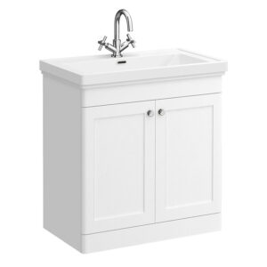 Roxbury Traditional 800mm Satin White Vanity Unit - Floor Standing 2 Door Unit with Chrome Handles 1 Tap Hole
