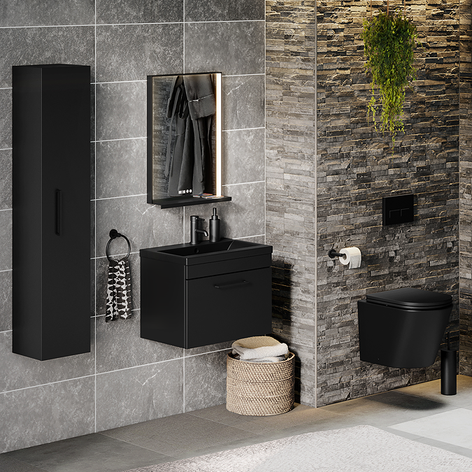 Arezzo 600 Matt Black Wall Hung Vanity Unit with Matt Black Basin + Handle - Image 4