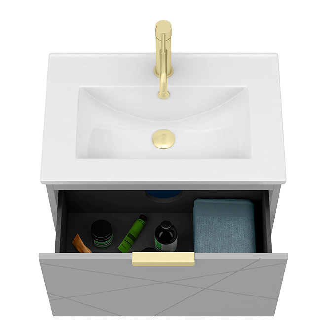 Voyage Wall Hung Vanity - 600mm Cool Grey with Brushed Brass Handle - Image 2