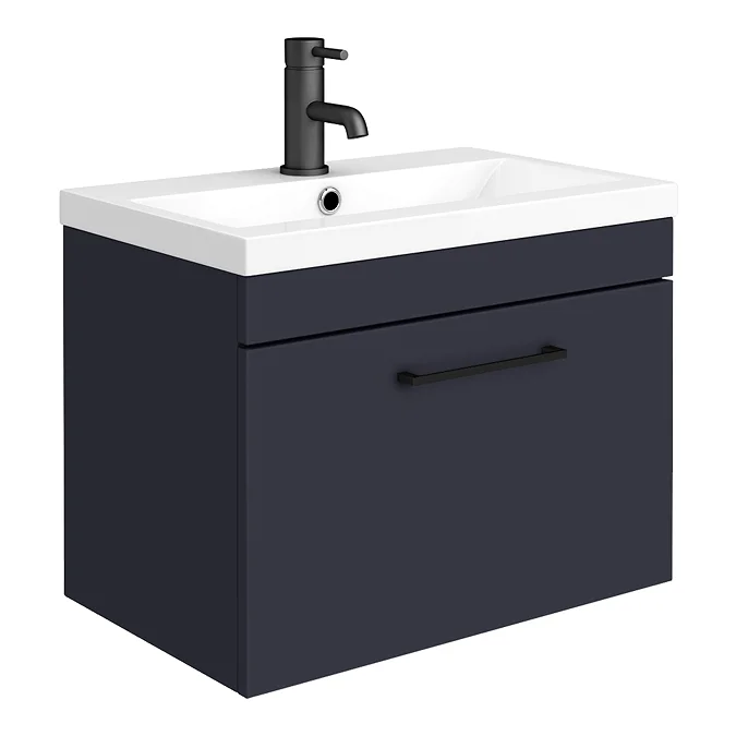 Arezzo 600 Matt Blue Wall Hung 1-Drawer Vanity Unit with Matt Black Handle