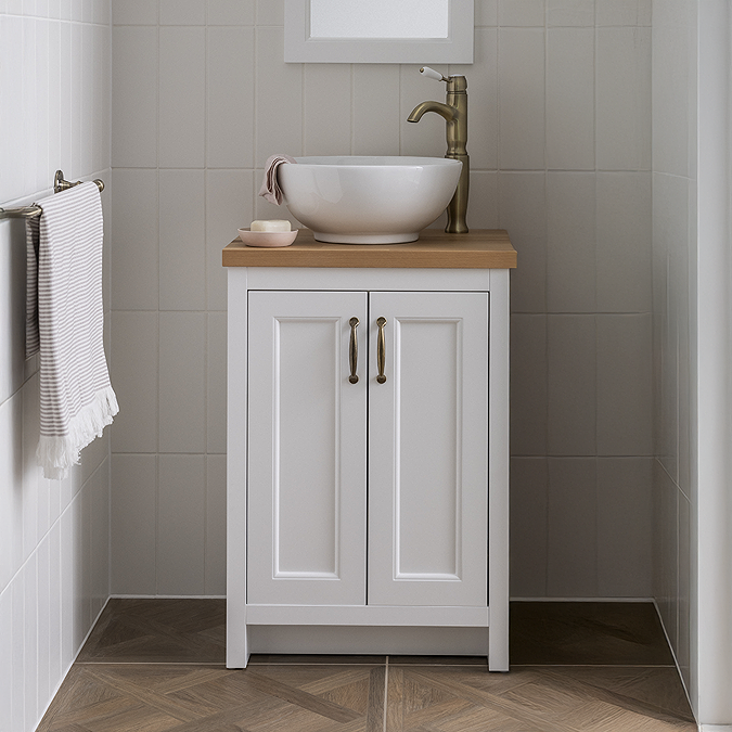Chatsworth 545mm Traditional White Countertop Vanity with Beech Worktop & Antique Brass Handles - Image 3